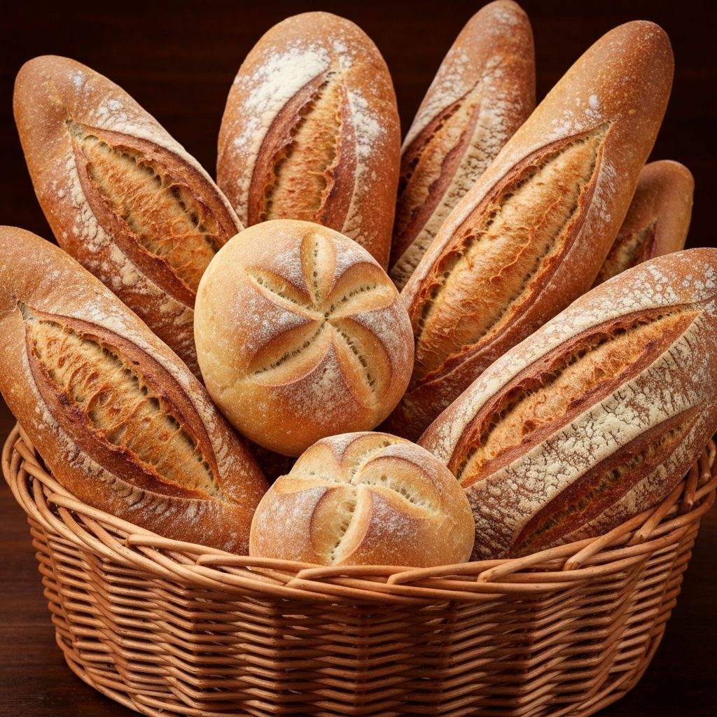 Variety of freshly baked artisan bread loaves and dinner rolls in a wicker basket