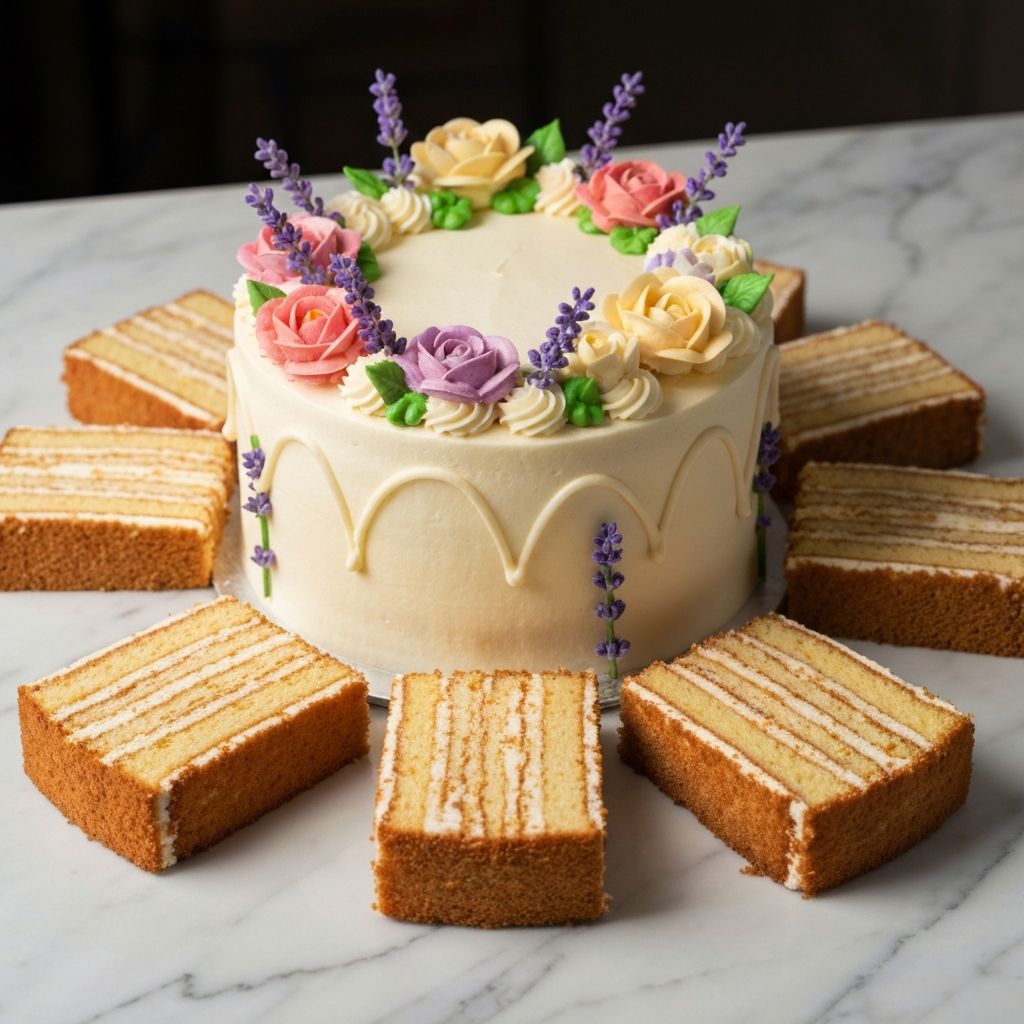 Elegant custom celebration cake decorated with white frosting and edible flowers