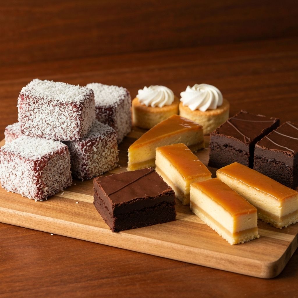 Assortment of Australian pastries including lamingtons, caramel slices and vanilla slices on a wooden board