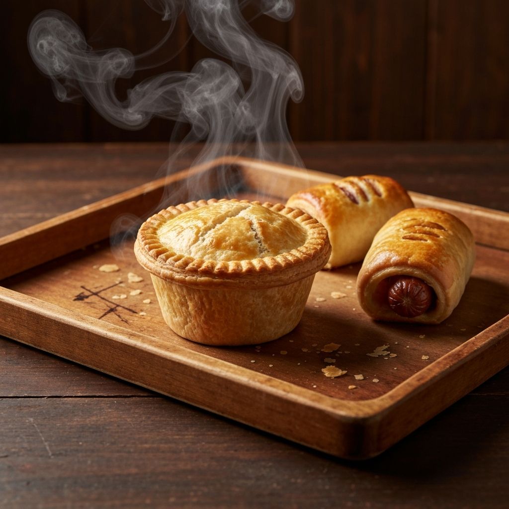 Golden flaky meat pies and sausage rolls fresh from the oven on a baking tray